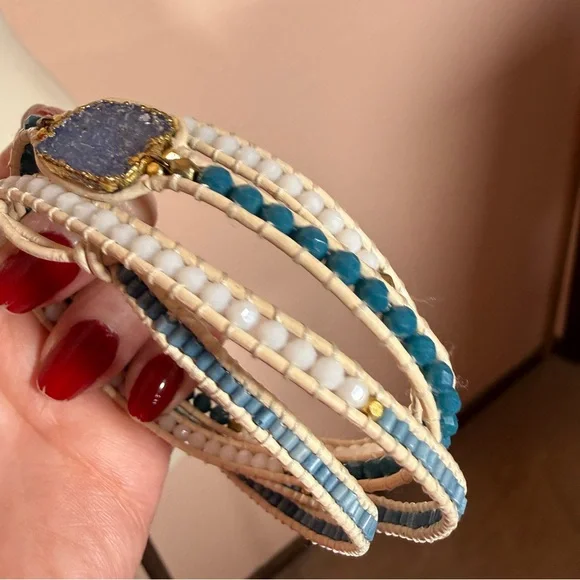 Nakamol blue white Raw gemstone boho Mediterranean long Wrap bracelet - Picture 13 of 15